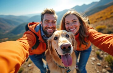 Happy family taking selfie on mountain hike with golden retriever dog. Smiling couple and pet enjoy outdoor adventure together in nature during sunny day.