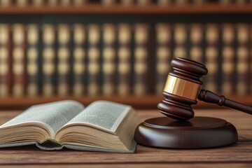 Law, justice, and legal proceedings.  A wooden gavel rests on a table beside an open book,  surrounded by bookshelves filled with law books