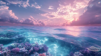 A dreamy summer ocean with pastel-colored waves and glowing corals.