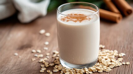 Refreshing Glass of Milk Topped with Cinnamon and Oats for Healthy Snack