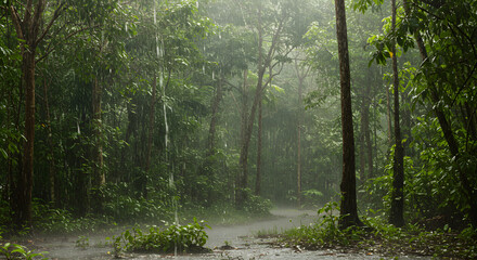 Obraz premium Monsoon Downpour on Lush Tropical Forest Path