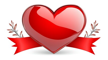 A Shiny Red Heart Decorated with Leaves and a Ribbon