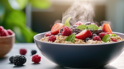 Bowl of Oats Topped with Fresh Berries and Mint Leaves for a Healthy Start