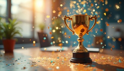 Gleaming gold trophy cup amidst celebration confetti, glittering sparkles. Award success, achievement in office environment. Corporate recognition, motivation, business triumph at workplace.