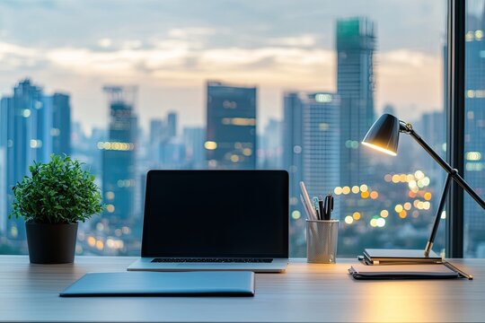 Modern workspace with city view.  A laptop, stationery, and a small plant sit on a light wooden desk. The view outside is of a cityscape at dusk