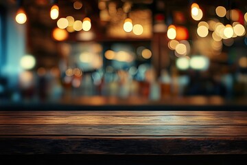 Empty wooden table in a dimly lit bar.  Blurred background of a lively bar scene with warm lighting