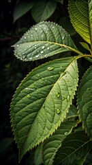 Closeup green leaves of a tree branch show water drops, highlighting nature's spring growth