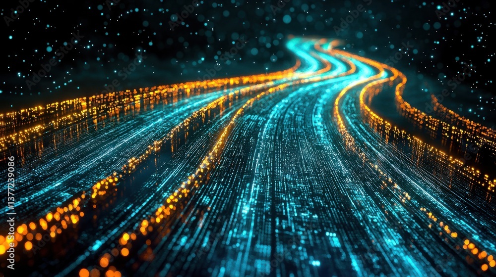 Poster dynamic liquid motion with glowing light trails and digital particles in a futuristic setting