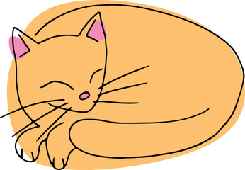 happy ginger cat with long whiskers with closed contented eyes lies curled up and holding its tail to itself, hand drawing with curved lines