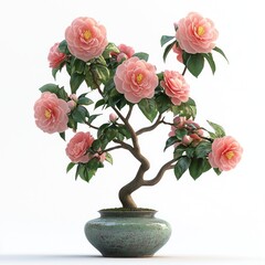 Obraz premium Beautiful 3D Render of Pink Roses on a Bonsai Tree in a White Background