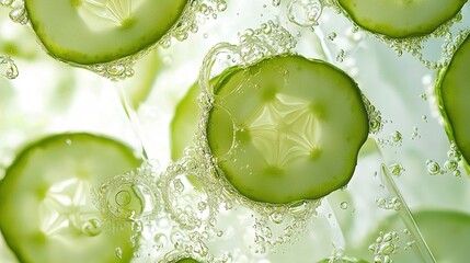 Close-up of fresh cucumber slices in water, creating an abstract background for cosmetic products. Soft lighting enhances the transparent texture, highlighting skincare freshness and hydration. 
