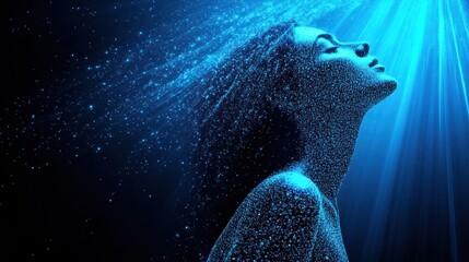 Fototapeta premium Abstract Portrait of a Woman Composed of Glowing Blue Particles Against a Dark Background