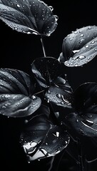 Dramatic monochrome macro of dark plant leaves covered in glistening water droplets against a solid black background.
