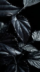 Black flower petals with water drops splash in a spring garden, a macro closeup of nature's liquid bloom