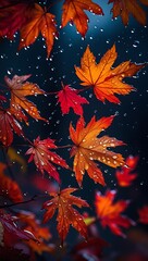 Vibrant autumn maple leaves in shades of red and orange, glistening with fresh raindrops against a moody, dark background.