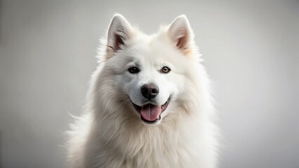 Happy Samoyed Dog Portrait, Fluffy White Dog Isolated on Black Background, Pet Photography