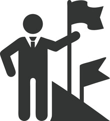 Stick Figure Businessman Placing Flag Atop Mountain Silhouette with Transparent Background
