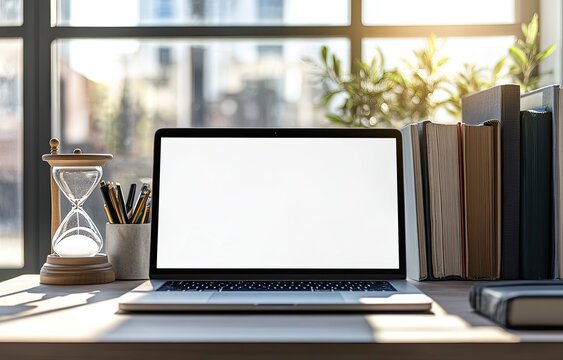 Modern workspace with laptop and books (1)