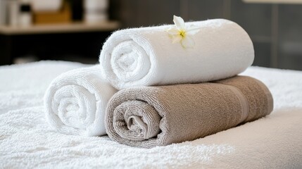 Softly Folded Towels Neatly Arranged on Cozy Bed Creating Calm Welcome