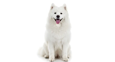 Obraz premium A fluffy, white dog sits obediently, tongue lolling in a smile. A pure white background emphasizes the animal's pristine fur.