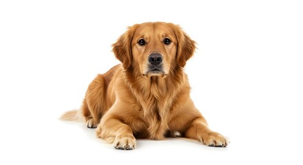 Golden Retriever's Serene Portrait: Captivating gaze of a well-groomed dog, radiating warmth and loyalty on a clean white backdrop. Pure charm!