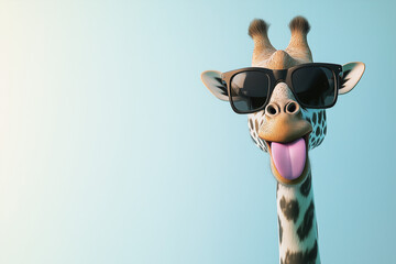 comical giraffe wearing sunglasses and sticking out its tongue