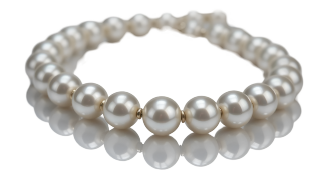 Shiny pearl necklace with reflections, elegantly arranged, isolated.
