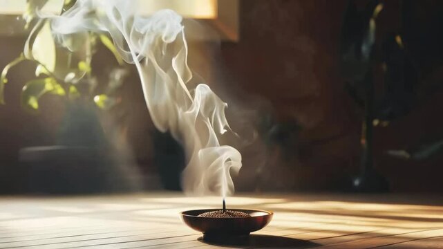 Close-up video still of incense smoke swirling gracefully in soft sunlight, creating a serene, meditative atmosphere with a warm, earthy tone. Live desktop wallpaper.