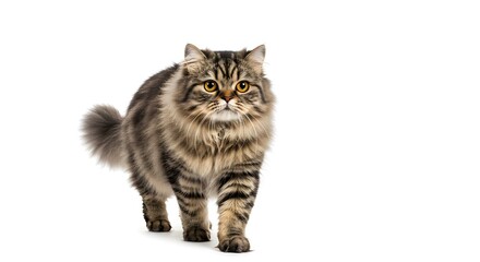 Majestic feline with a fluffy tail, captured in a studio setting. The cat's yellow eyes stand out against its unique striped pattern.