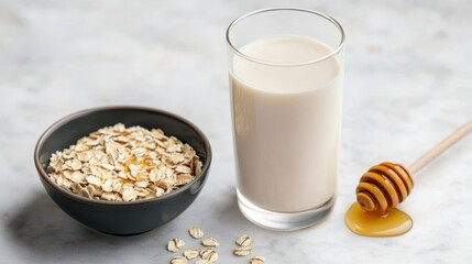 Fresh Glass of Milk Accompanied by Nutritious Bowl of Oats on Table