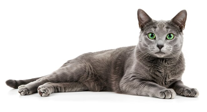 A sleek feline rests gracefully against a crisp white backdrop, with lustrous gray fur and piercing green eyes.