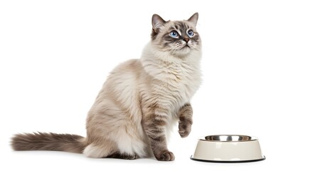 Elegant feline awaits mealtime. The fluffy cat sits poised with a paw raised near an empty bowl against a stark white background.
