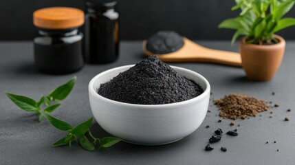 Bowl of Black Activated Charcoal Powder for Health and Wellness Uses