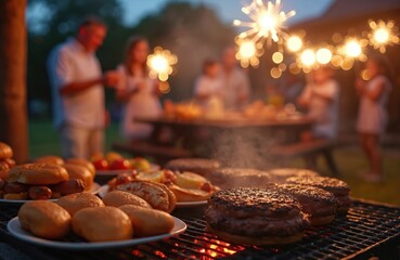 Family barbecue evening. Grilling burgers, hot dogs, sparks in night sky. Children play with sparklers. Picnic with family, friends at home garden during summer holidays. Barbecue party, celebration,