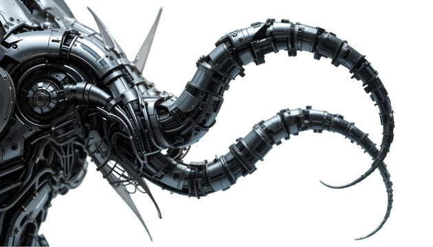Abstract biomechanical robotic tentacles with intricate metallic details, isolated.
