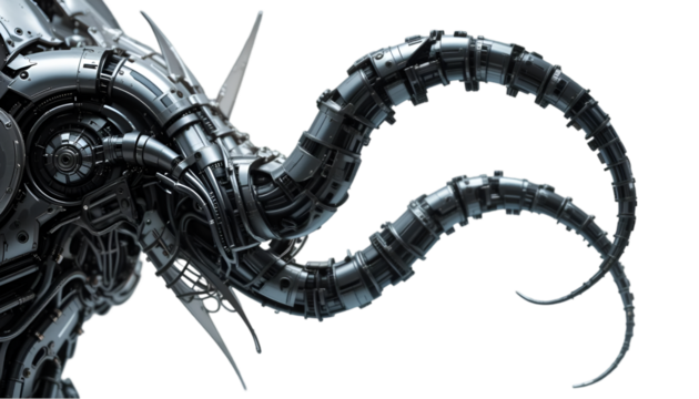 Abstract biomechanical robotic tentacles with intricate metallic details, isolated.

