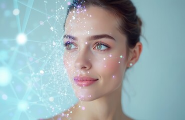 Close-up beauty shot of woman face with molecular structure design. Female model with fresh, hydrated skin, using modern tech in skincare. Skincare, cosmetic product advertising, science, future