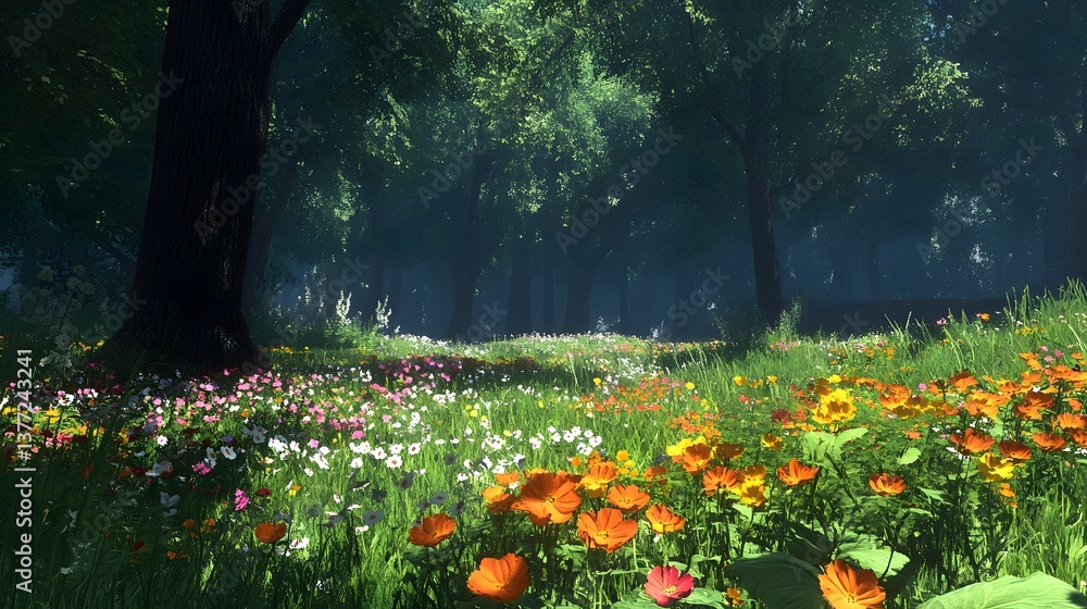 Poster enchanting forest scene filled with colorful flowers and towering trees creating a harmonious natura
