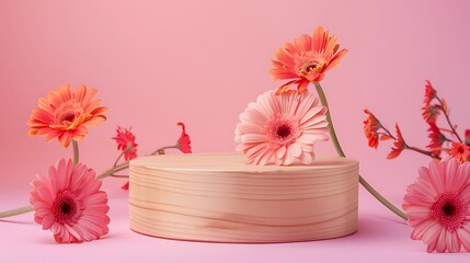 Gerbera Daisies on Wooden Podium, Floral Arrangement with Pink Color Palette