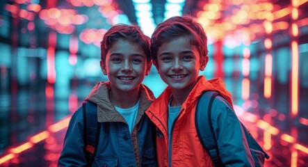 Fototapeta premium Happy young kids in neon lit urban street with reflections background portrait photo 