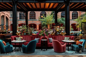 Fototapeta premium A stylish interior featuring vibrant seating, decorative flowers, and large windows creating a cozy, inviting atmosphere.