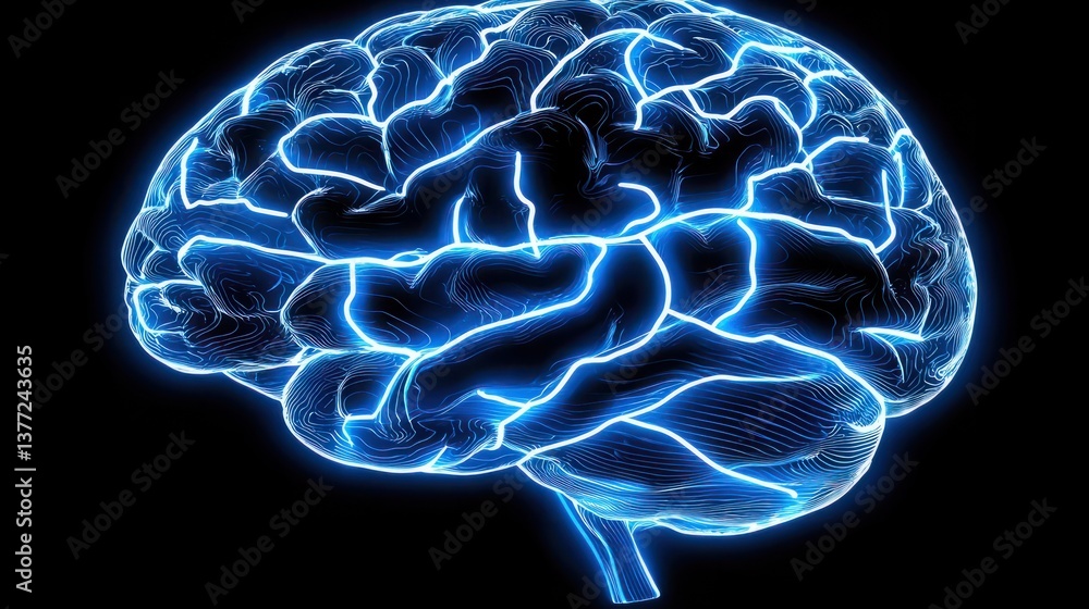 Poster bright blue neon brain illustration representing artificial intelligence and computational language 