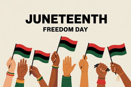 Diverse hands holding Pan-African flags celebrating Juneteenth Freedom Day.
