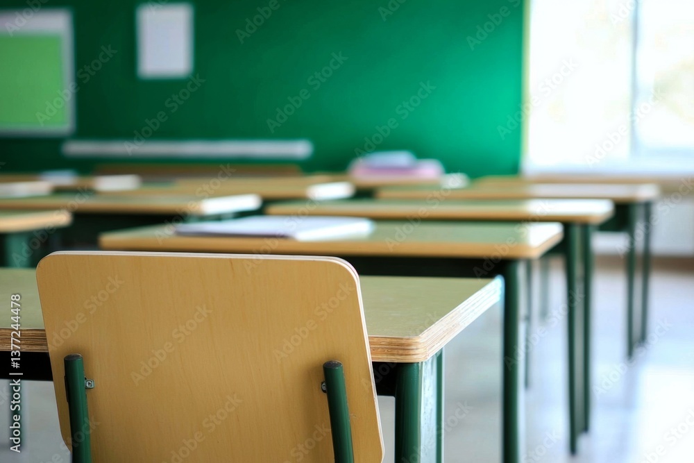 Poster a digitally created image showcasing an empty classroom in soft focus.