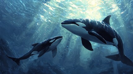 Obraz premium Majestic orcas swim underwater, sunlight streams through ocean depths