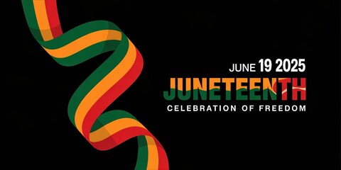 Juneteenth 2025 celebration banner with green, yellow, and red stripes symbolizing freedom on a black background.