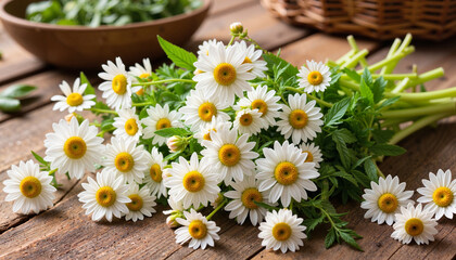 Obraz premium Daisy flowers arranged on rustic wooden table