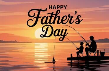 Silhouette of father and child fishing at sunset with 'Happy Father's Day' text.