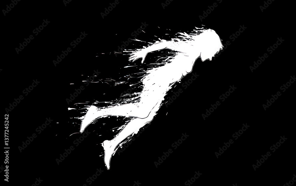 Poster abstract image of a white figure in motion, dissolving into particles against a black background. th