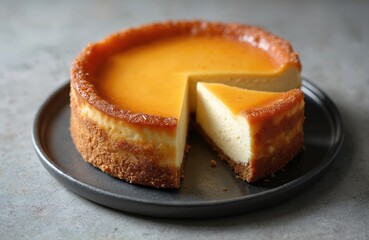 Close-up photo San Sebastian cheesecake with slice cut. Freshly baked dessert with golden crust, creamy texture. Sweet gourmet pastry served on plate. Delicious homemade food photography for menu.